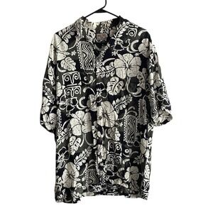 Aloha Hut Hawaiian Shirt Men XL Button Black Floral Print 100% Rayon Tropical